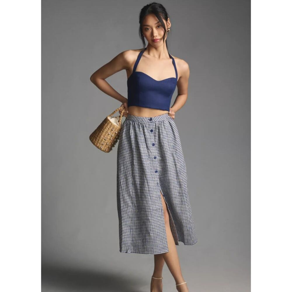 Reformation Orzo Linen Gingham Checkered Blue Skirt (Size 8) - Picture 2 of 9